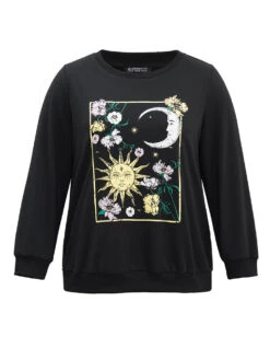 Horoscope Print Rib Knit Round Neck Sweatshirt -Bloomchic Shop 247846909 hz