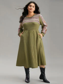 Boho Print Striped Patchwork Waffle Knit Dress