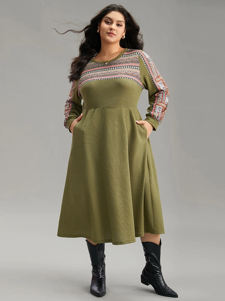 Boho Print Striped Patchwork Waffle Knit Dress 3 Boho Print Striped Patchwork Waffle Knit Dress