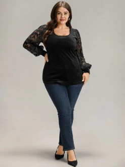 Lace Patchwork Square Neck Lantern Sleeve T-shirt -Bloomchic Shop 249833868 lh 954d3352 3310 4541 8cfe 743ed5742c42