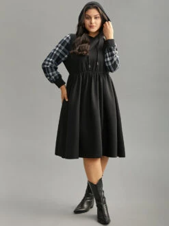 Plaid Patchwork Drawstring Pocket Hooded Dress -Bloomchic Shop 250641000 mu