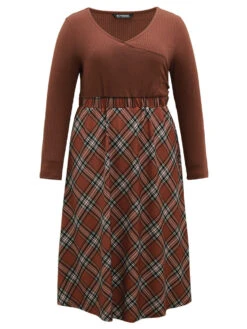 Plaid Elastic Waist Patchwork Rib Knit Dress -Bloomchic Shop 250792780 qv