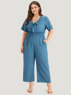 Textured Bowknot V Neck Shirred Pocket Jumpsuit -Bloomchic Shop 25085830 wx