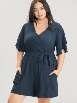 Plain Surplice Neck Ruffle Sleeve Pocket Belted Romper 19 Plain Surplice Neck Ruffle Sleeve Pocket Belted Romper -Bloomchic Shop 253187303 gu