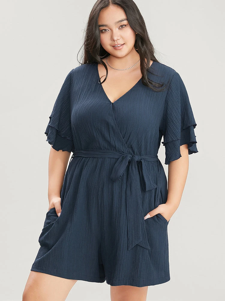 Plain Surplice Neck Ruffle Sleeve Pocket Belted Romper 6 Plain Surplice Neck Ruffle Sleeve Pocket Belted Romper - Image 4