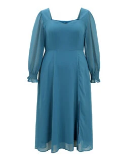 Chiffon Square Neck Shirred Lantern Sleeve Split Hem Dress -Bloomchic Shop 253305214 tq