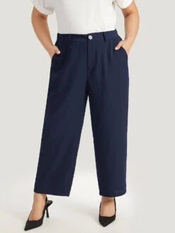 Plain Pocket Elastic Waist High Rise Pants -Bloomchic Shop 253811048 vt