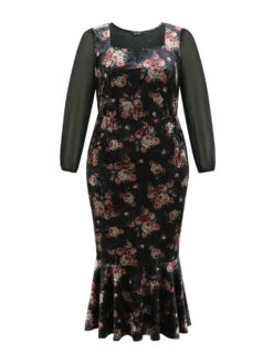 Velvet Floral Notched Ruffles Mermaid Hem Dress -Bloomchic Shop 254618172 bz