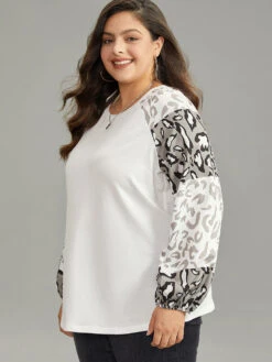 Leopard Patchwork Contrast Lantern Sleeve Sweatshirt -Bloomchic Shop 255271541 lx
