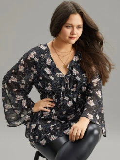 Ditsy Floral Ties Ruffles Elastic Waist Blouse -Bloomchic Shop 255602368 ct