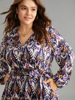 Boho Print Overlap Collar Elastic Waist Belted Dress -Bloomchic Shop 25614016 gr