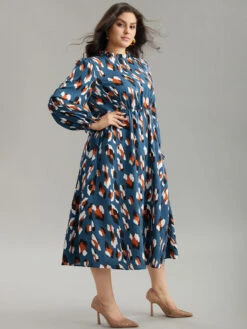 Allover Print Stand Collar Pocket Ruffles Dress -Bloomchic Shop 256304588 rk