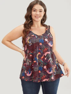 Cat & Plant Print Sleeveless Cut Out Cami Top -Bloomchic Shop 257882753 qi
