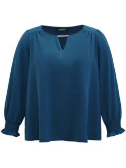 Static-Free Plain Metal Detail Keyhole Shirred Blouse -Bloomchic Shop 257988377 ip
