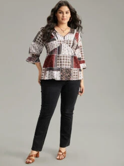 Moroccan Print Lace Panel Ruffles Frill Trim Blouse -Bloomchic Shop 258407850 lh