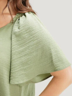 Plain Notched High Low Hem Ruffle Sleeve Frill Trim Blouse -Bloomchic Shop 25871220 mb