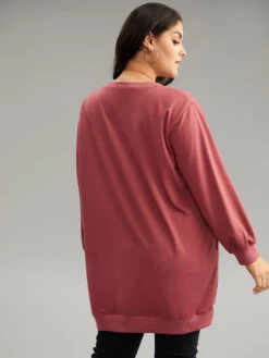 Solid Rib Knit Hem High Low Hem Sweatshirt -Bloomchic Shop 258905857 dq