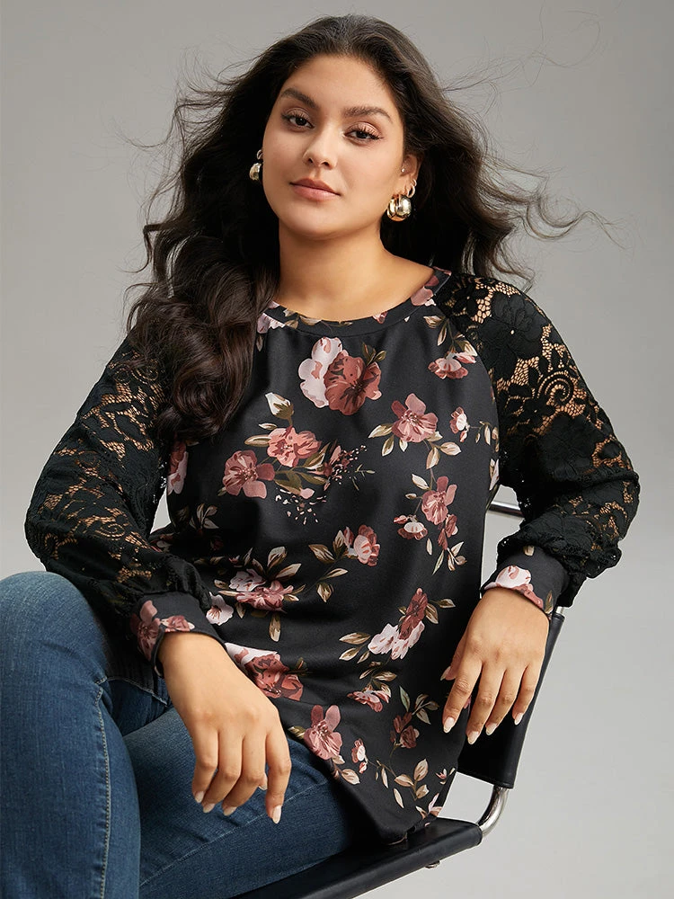 Floral Lace Panel Raglan Sleeve Sweatshirt 5 Floral Lace Panel Raglan Sleeve Sweatshirt - Image 3