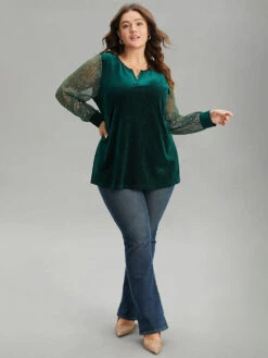 Velvet Patchwork Mesh Sequin Notched T-shirt -Bloomchic Shop 2602829 bv