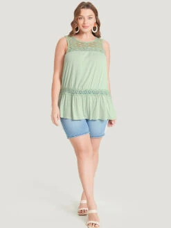 Plain Contrast Lace Mesh Ruffle Hem Tank Top -Bloomchic Shop 260422476 yh