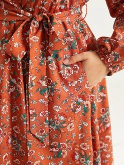 Floral Print Belted Elastic Cuffs Dress -Bloomchic Shop 261586259 da