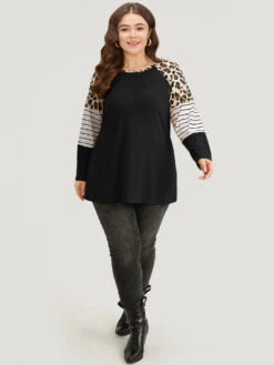 Striped Patchwork Leopard Print Crew Neck T-shirt 25 Striped Patchwork Leopard Print Crew Neck T-shirt -Bloomchic Shop 261681084 uo