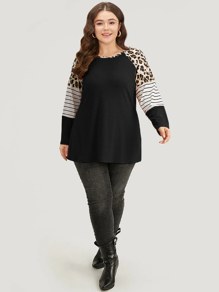 Striped Patchwork Leopard Print Crew Neck T-shirt 14 Striped Patchwork Leopard Print Crew Neck T-shirt - Image 12