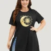 Moon & Letter Print Split Hem T-shirt -Bloomchic Shop 261880732 xx
