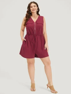 Plain V Neck Pocket Zipper Drawstring Sleeveless Jumpsuit -Bloomchic Shop 262785233 xi