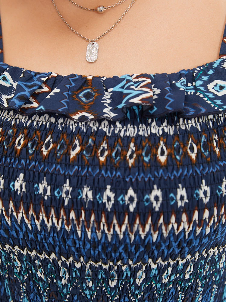 Boho Print Shirred Pocket Elastic Wais Ruffle Trim Cami Jumpsuit 8 Boho Print Shirred Pocket Elastic Wais Ruffle Trim Cami Jumpsuit - Image 6