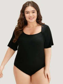 Rib Knit Asymmetrical Neck Short Sleeve Bodysuit -Bloomchic Shop 263569658 vq