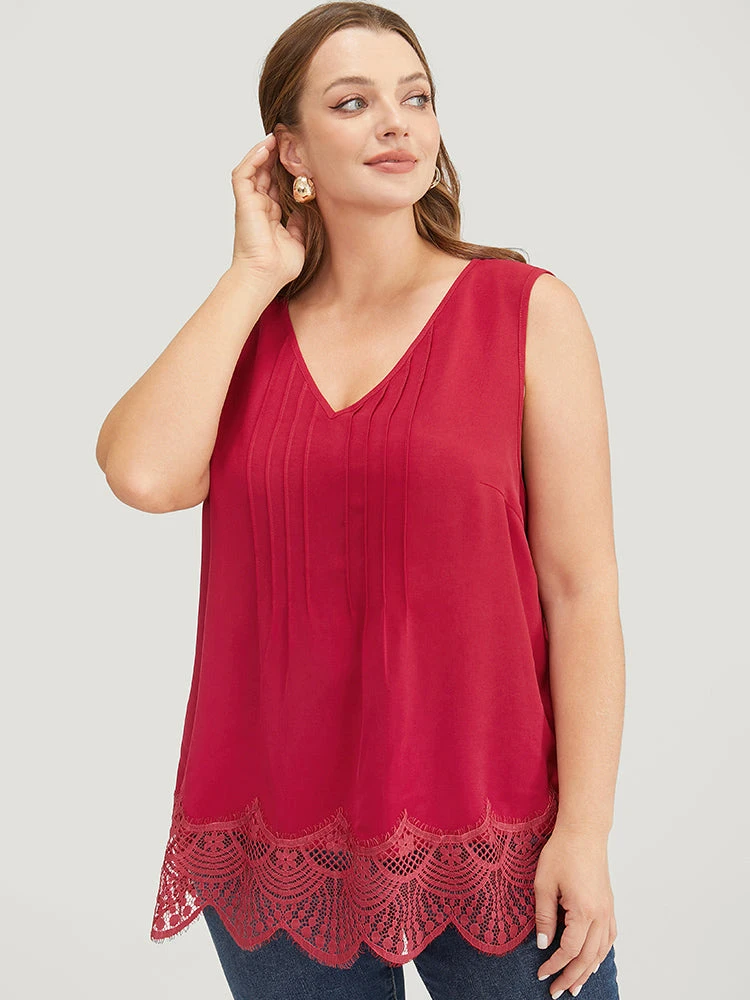 Solid Pleated Front Lace Hem Tank Top 4 Solid Pleated Front Lace Hem Tank Top - Image 2