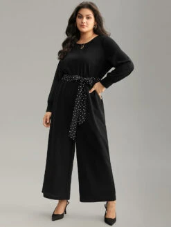 Polka Dot Belted Pocket Elastic Waist Jumpsuit -Bloomchic Shop 26497366 uu