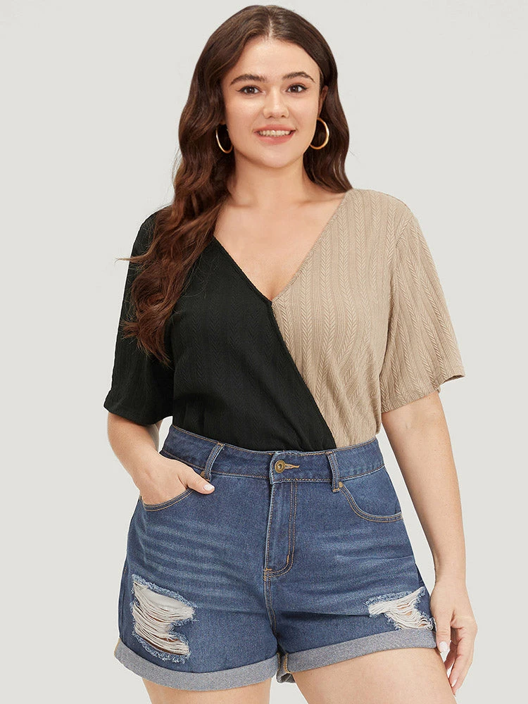 Plain Textured Colorblock Contrast Patchwork Bodysuit 3 Plain Textured Colorblock Contrast Patchwork Bodysuit