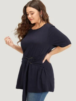 Crew Neck Buckle Detail Ruffle Hem T-shirt -Bloomchic Shop 266273008 ht