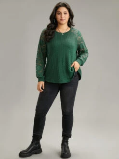 Guipure Lace Cable Knit Raglan Sleeve Sweatshirt -Bloomchic Shop 267121819 tl