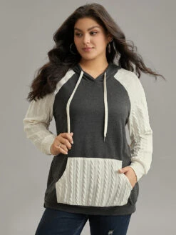 Contrast Cable Knit Pocket Hooded Drawstring Sweatshirt -Bloomchic Shop 267394031 pn