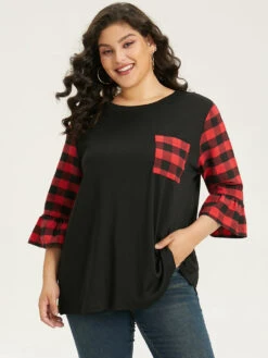 Plaid Patched Pocket Patchwork Contrast Bell Sleeve T-shirt 21 Plaid Patched Pocket Patchwork Contrast Bell Sleeve T-shirt -Bloomchic Shop 267571771 sx
