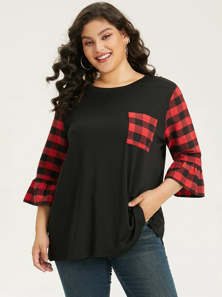 Plaid Patched Pocket Patchwork Contrast Bell Sleeve T-shirt 7 Plaid Patched Pocket Patchwork Contrast Bell Sleeve T-shirt - Image 5