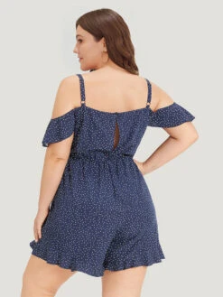 Polka Dot Ruffle Trim Tie Neck Cut Out Elastic Waist Jumpsuit -Bloomchic Shop 268917068 xf
