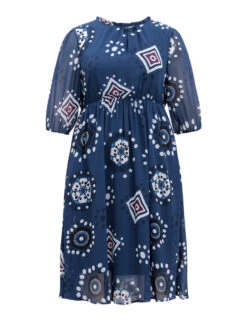 Geometric Mesh Stand Collar Frill Trim Dress -Bloomchic Shop 269862136 jd