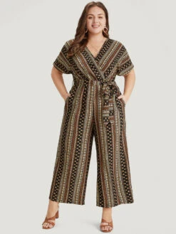 Bandana Print Surplice Neck Belted Ruffle Sleeve Jumpsuit