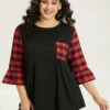 Plaid Patched Pocket Patchwork Contrast Bell Sleeve T-shirt
