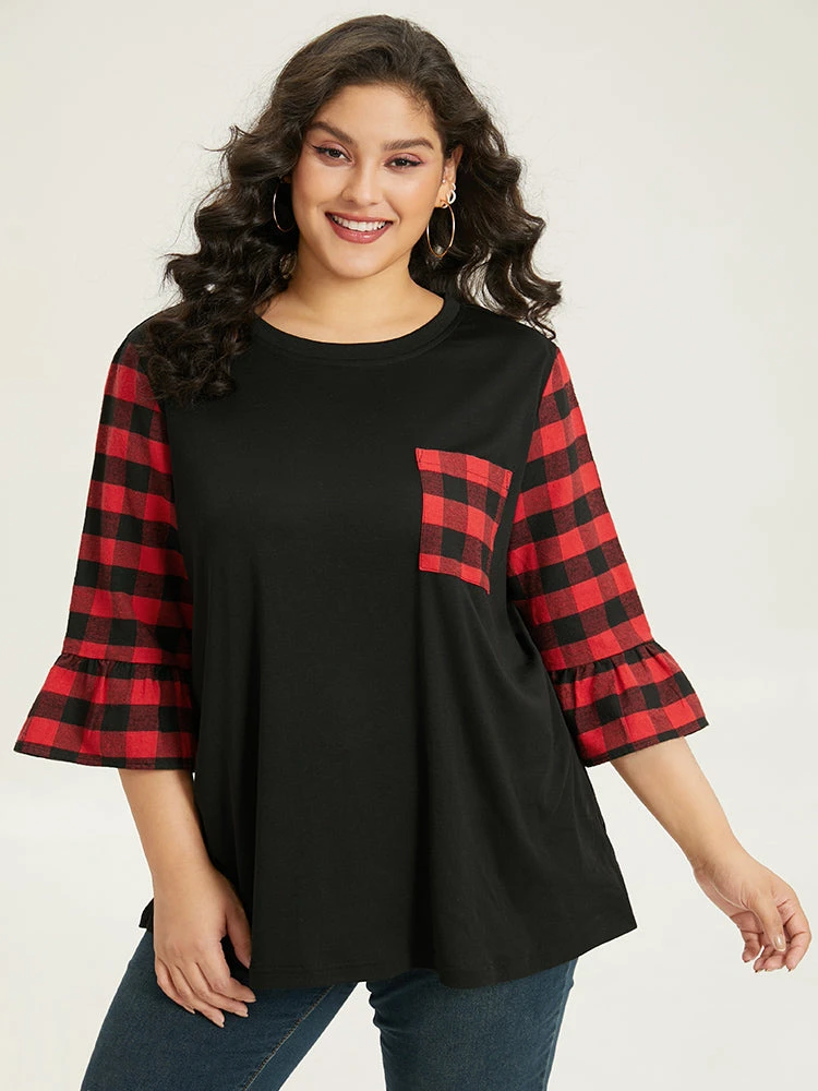 Plaid Patched Pocket Patchwork Contrast Bell Sleeve T-shirt 3 Plaid Patched Pocket Patchwork Contrast Bell Sleeve T-shirt
