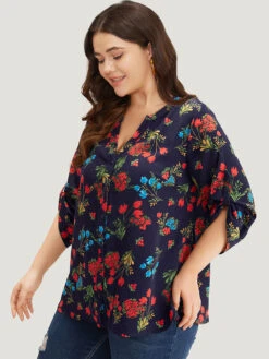 Floral Print Notched Tab Sleeve Blouse -Bloomchic Shop 271643660 aa