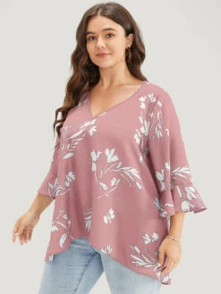 Floral Asymmetrical Hem Ruffle Trim Flounce Sleeve Blouse -Bloomchic Shop 272190481 jx bc742f4a a66a 4f18 804c 1050a3bd4619
