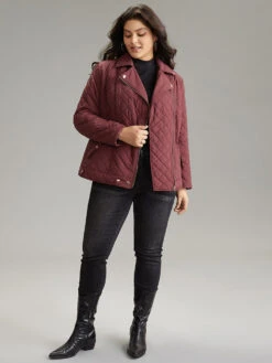 Zipper Fly Quilted Button Detail Lapel Collar Jacket -Bloomchic Shop 272814802 yn