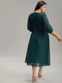 Solid Texture Pocket Belted Mesh Patchwork Dress -Bloomchic Shop 273054102 dz