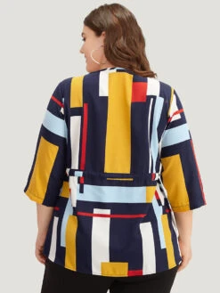 Geometric Contrast Drawstring Button Up Blouse -Bloomchic Shop 2735104 lx