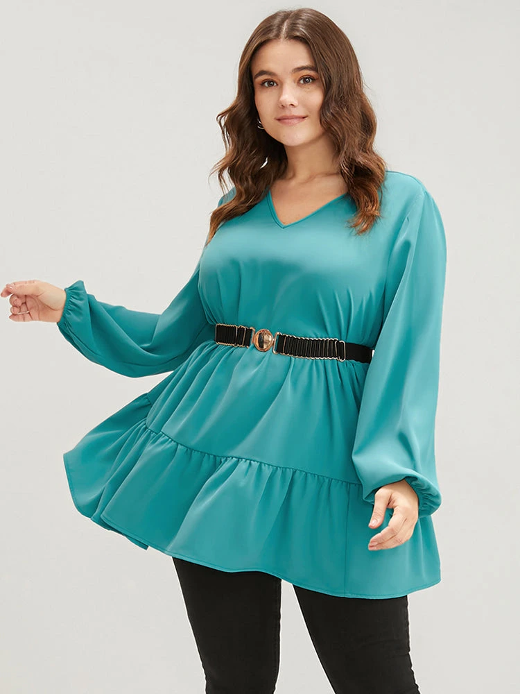 Solid V Neck Lantern Sleeve Ruffle Hem Blouse Without Belt 4 Solid V Neck Lantern Sleeve Ruffle Hem Blouse Without Belt - Image 2